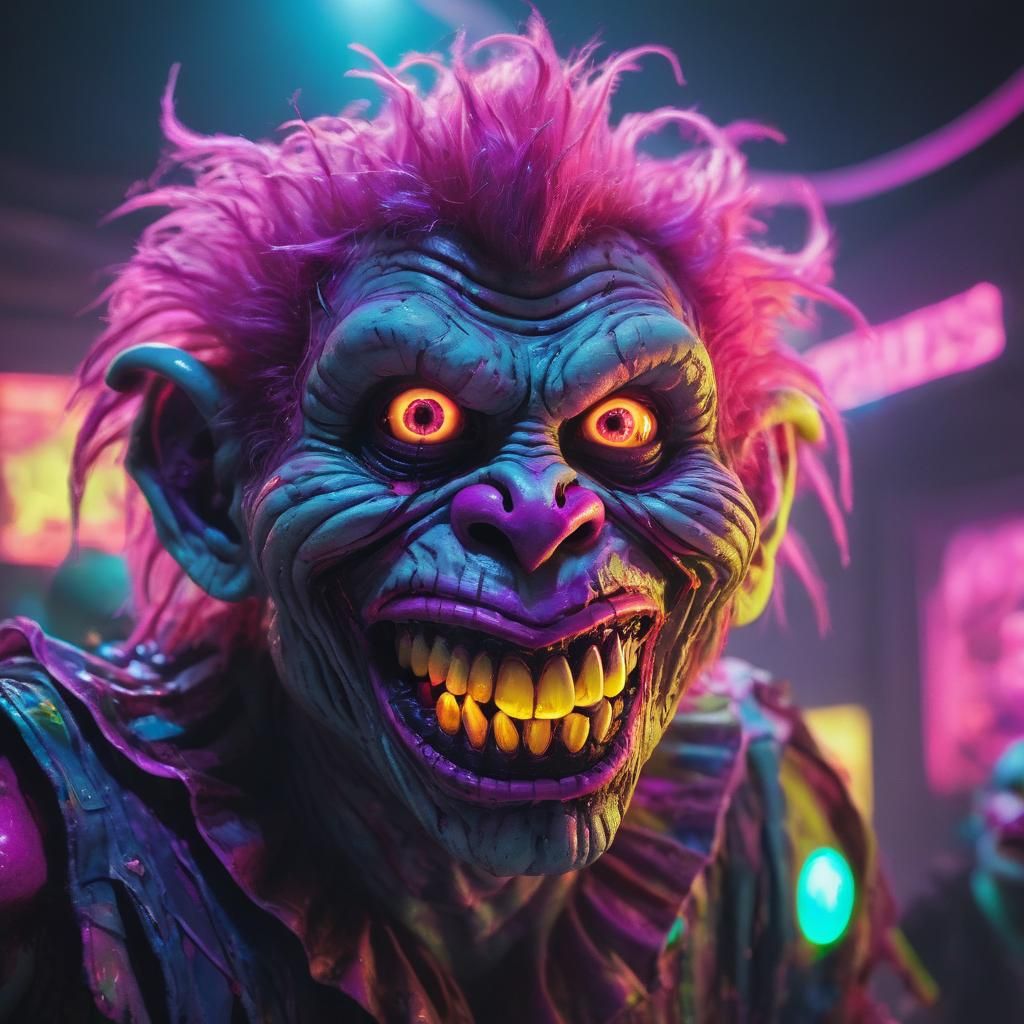 Neon Zombie Monkey Clowns Tormenting Child in Synthwave Styl...