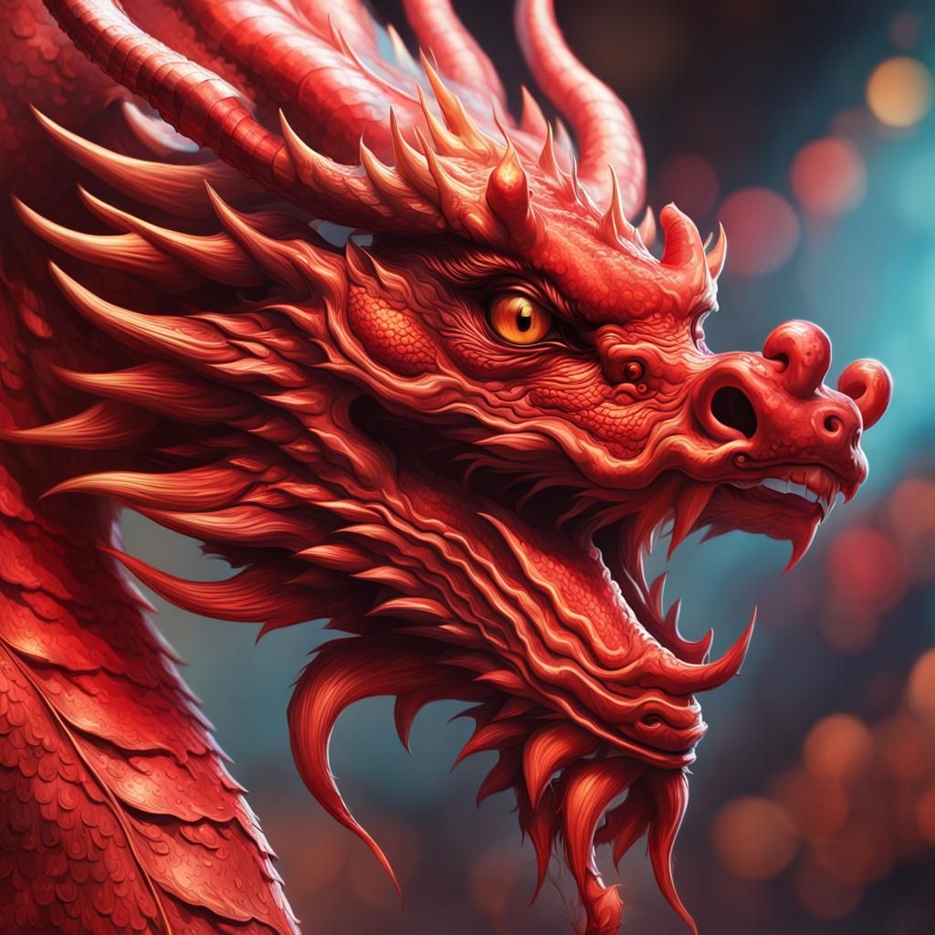 Hyperrealistic Red Chinese Dragon Splash Art