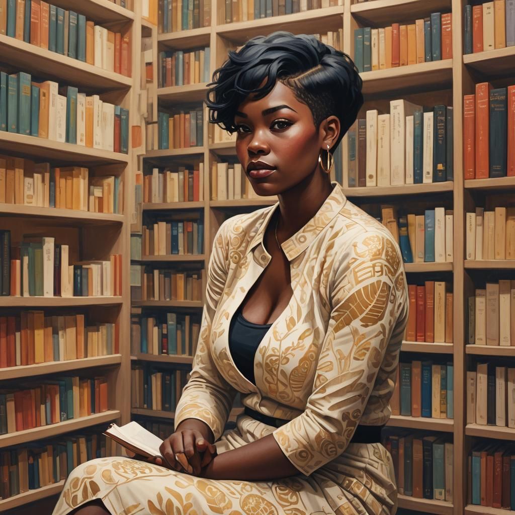 Tattooed Woman in Library, Digital Portrait