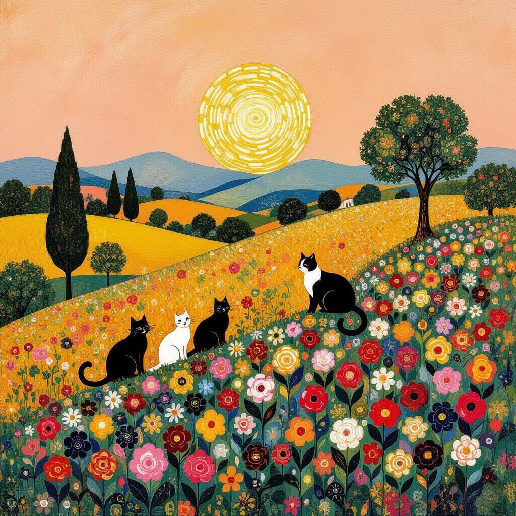 Klimt-Inspired Cats on Blooming Hills at Sunset
