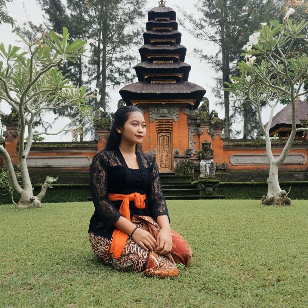 Indonesian Woman in Balinese Kebaya by Temple