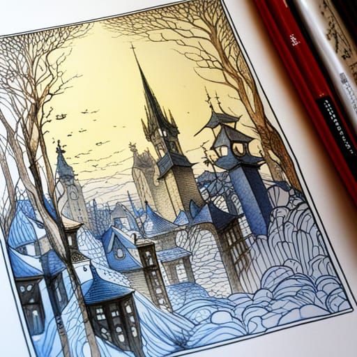 Art Nouveau Blue Ink Drawing of Little Town
