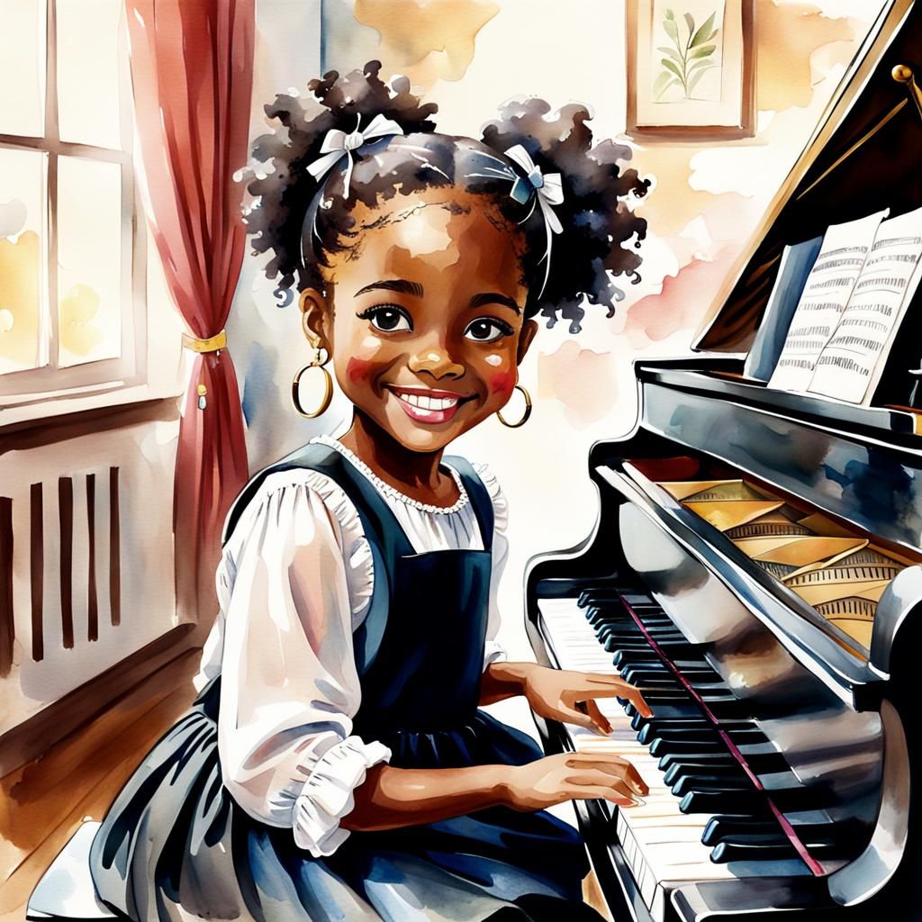 Whimsical Girl Plays Piano in Watercolor Oil Style