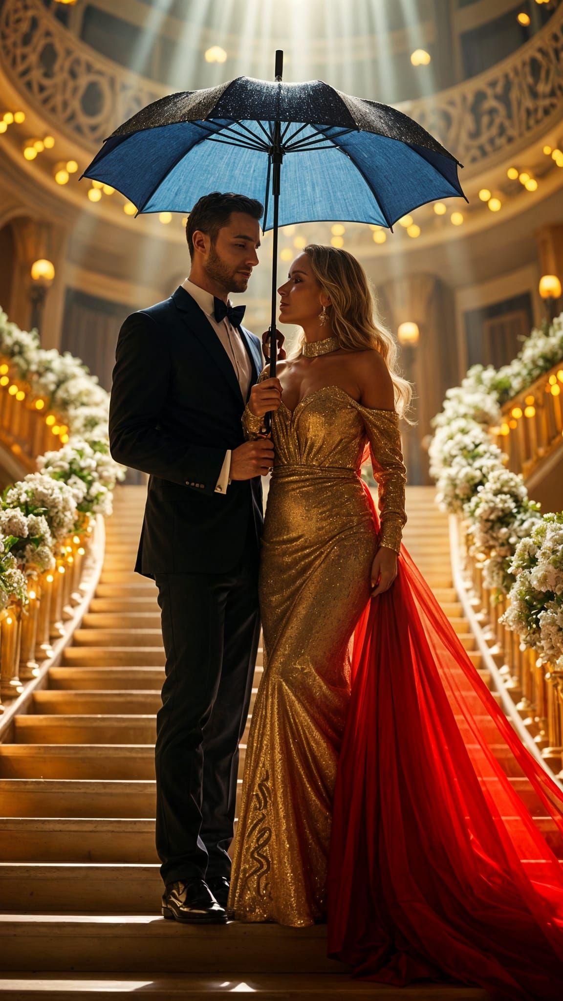 Elegant Woman in Gold Dress at the Opera