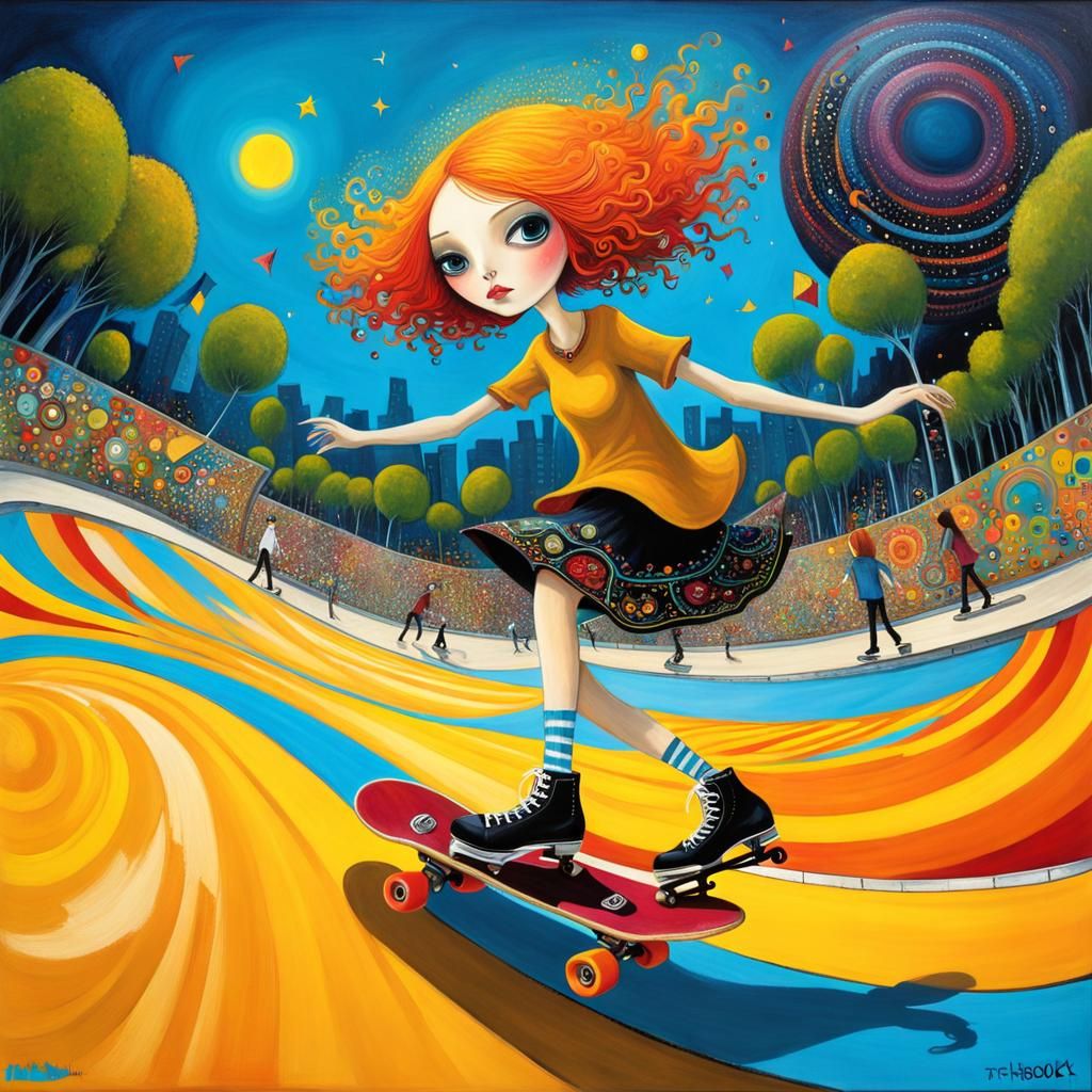 Girl Skating in Skatepark: Art Brut Style