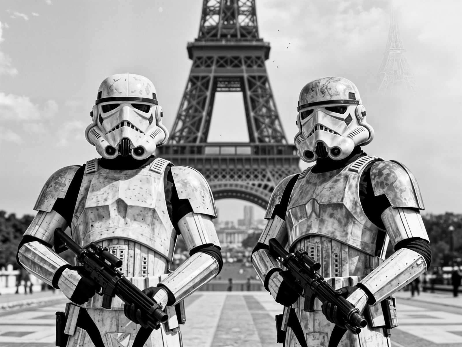 Stormtroopers Pose Before Eiffel Tower in Vintage Photo