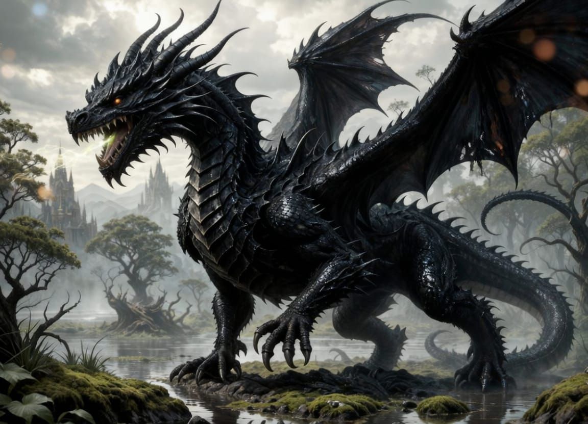 Black Dragon Exudes Dread in Swamp, Professional Photo