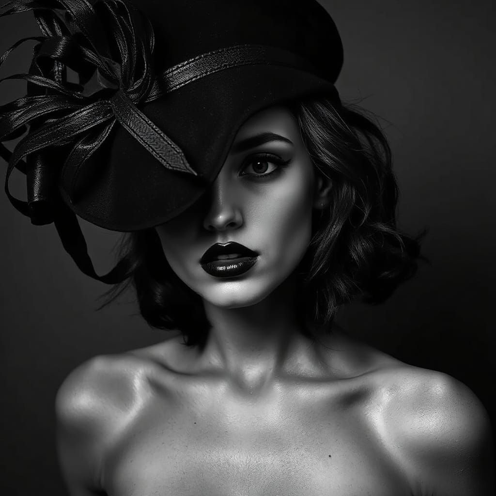 Striking Black and White Portrait of a Woman in Artistic Hat