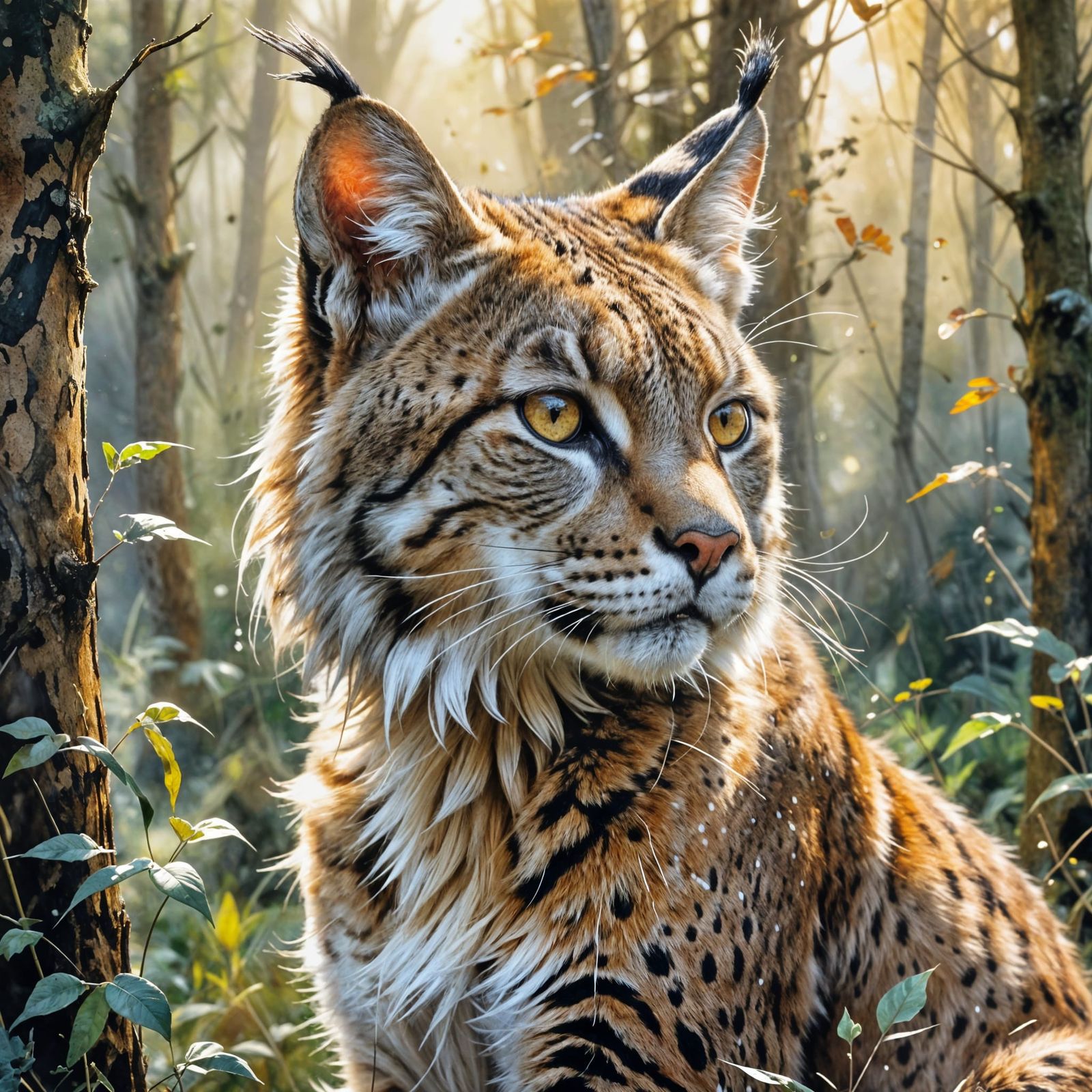 Wild Bobcat in Sun-Dappled Forest Watercolour