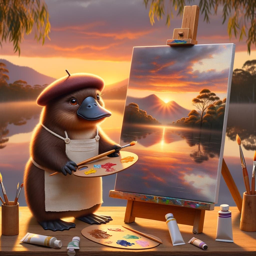 A whimsical scene of a platypus painting a landscape portrait. The platypus stands at a wooden easel, holding a paintbru...