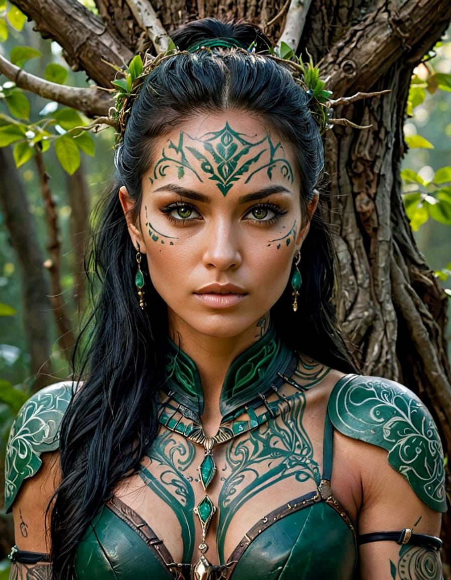 Female Warrior Portrait in Enchanted Forest