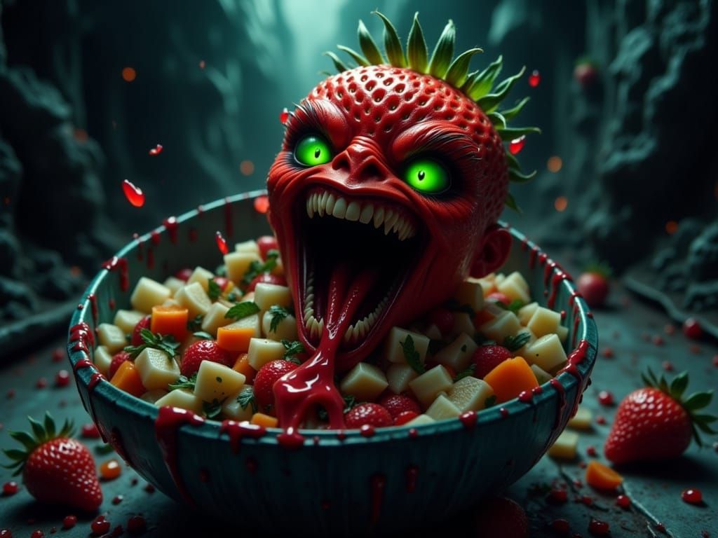 Horrifying Strawberry in a Fruit Salad of Doom