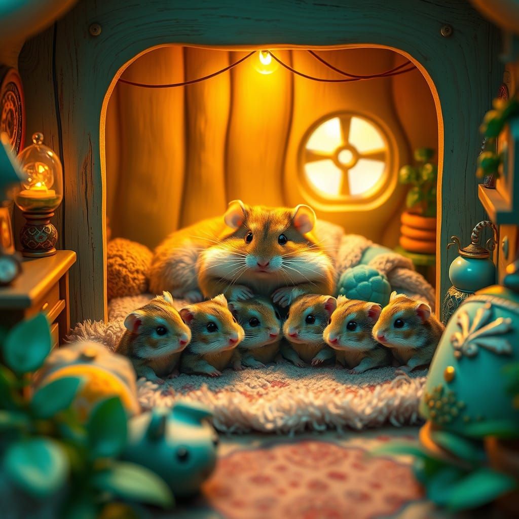 Whimsical Russian Dwarf Hamster Family Snuggled in Cozy Home