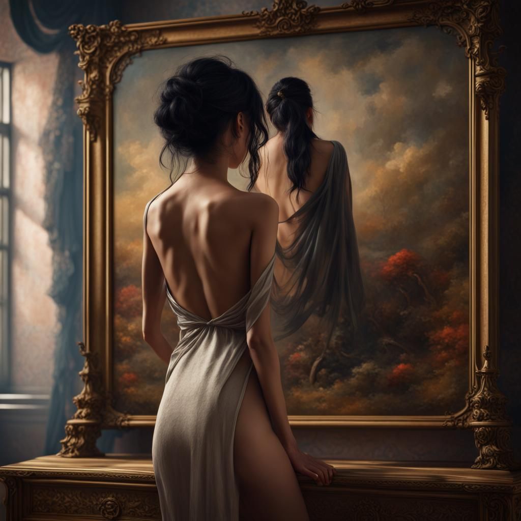 Model Undressing in Bedroom as Oil Painting