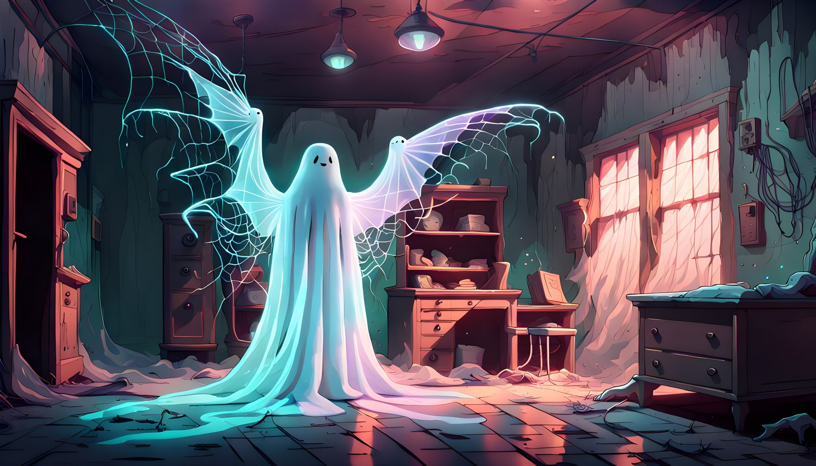 Cute Ghost in Spooky Fluorescent Shark Tooth Universe