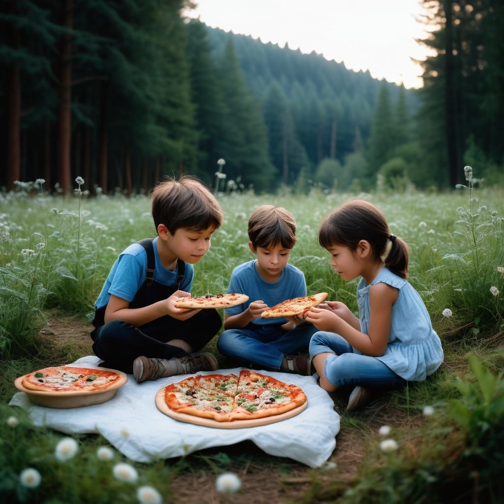 Pixies Share Pizza in Enchanted Forest Meadow