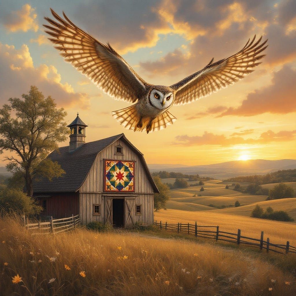Owl Soaring from Amish Barn at Sunset