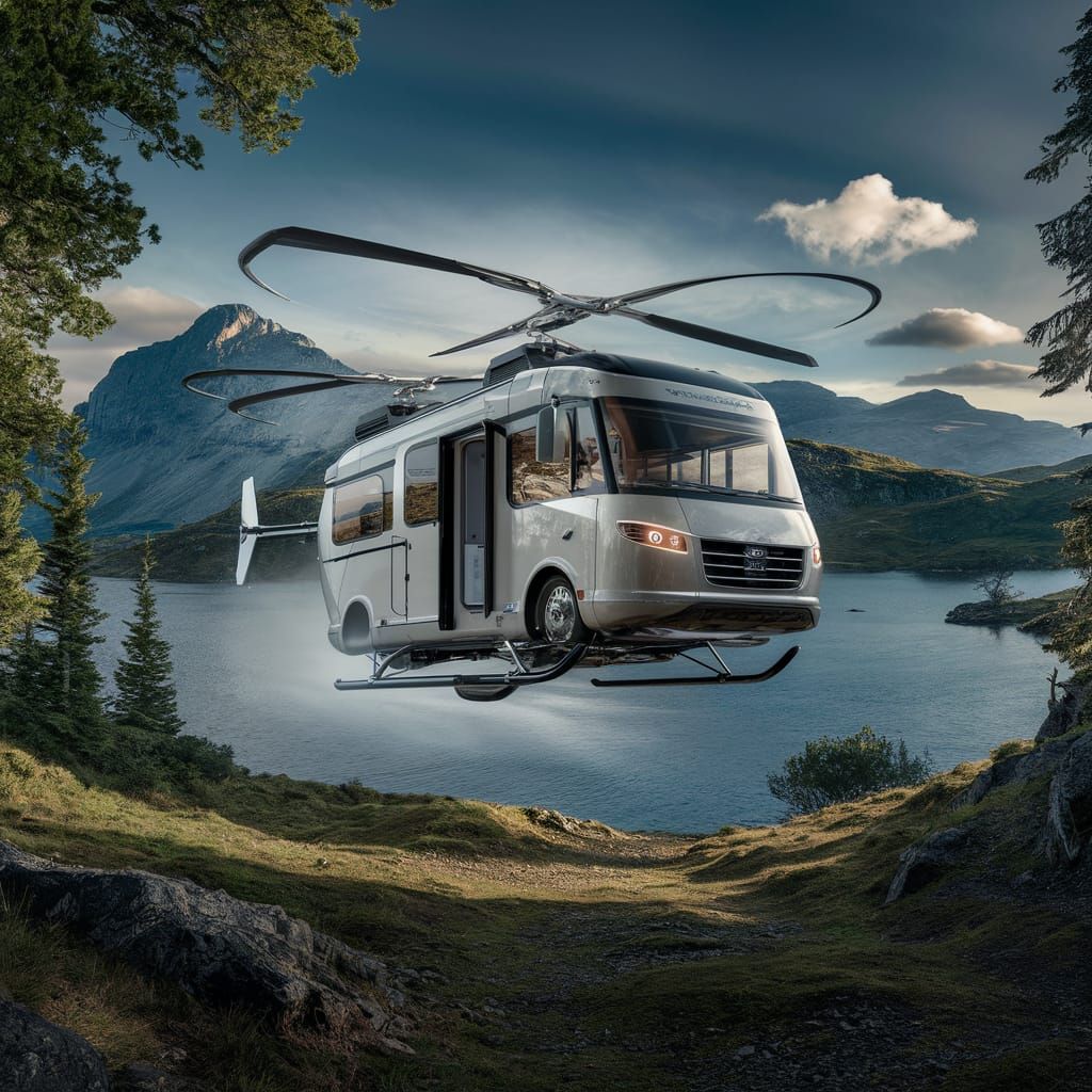 Futuristic Flying Motorhome Over Picturesque Lakeside Scener...