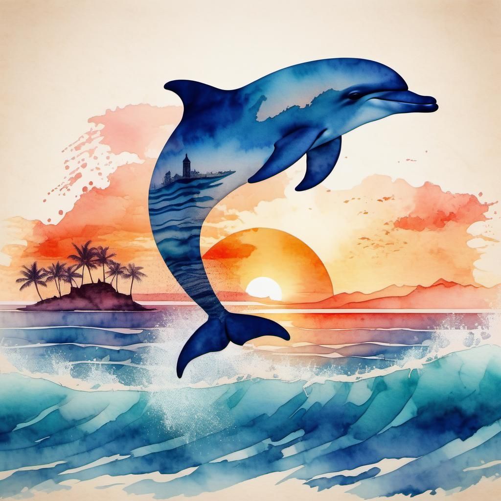 Dolphin Silhouette Sunset in Watercolor Style