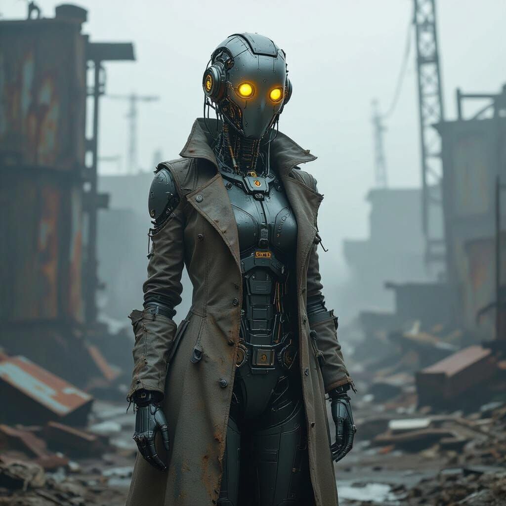 Steampunk Android in Post-Apocalyptic Junkyard