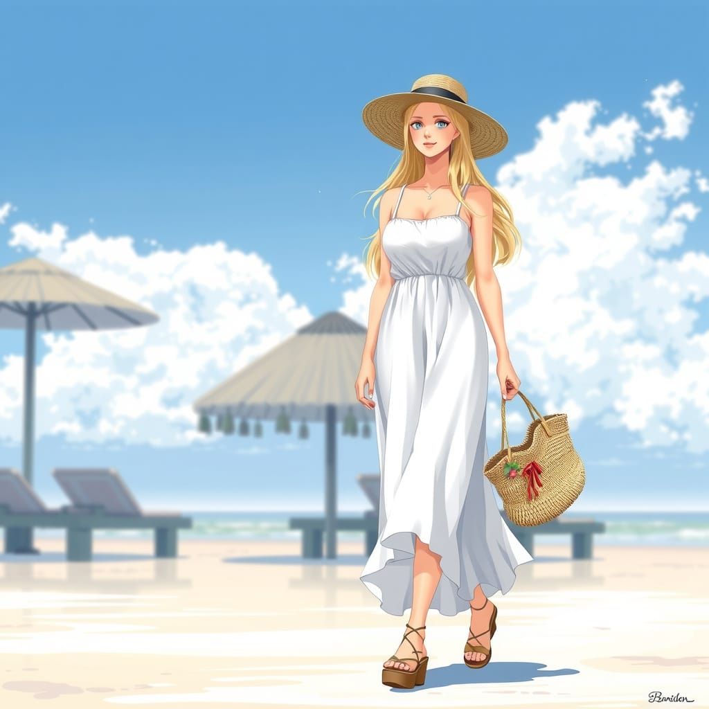 Serene European Woman on a Japanese Beach