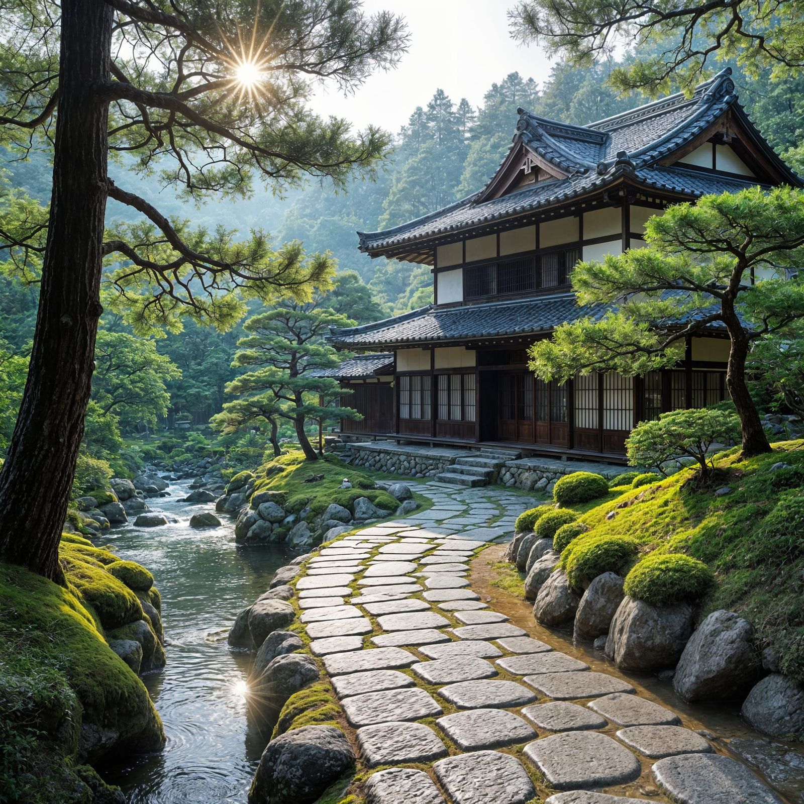 Edo-Period Japanese Home Beside Stream in Sunlight