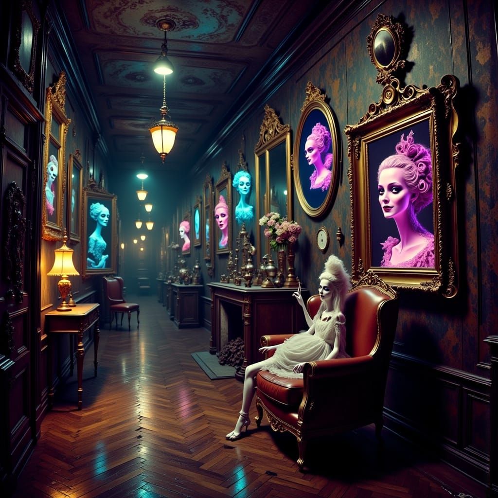Haunting Mirror Hallway with Ghoul Images and Porcelain Doll
