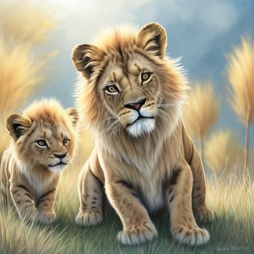 Watercolor Painting of Lion Cubs Playing with Mother
