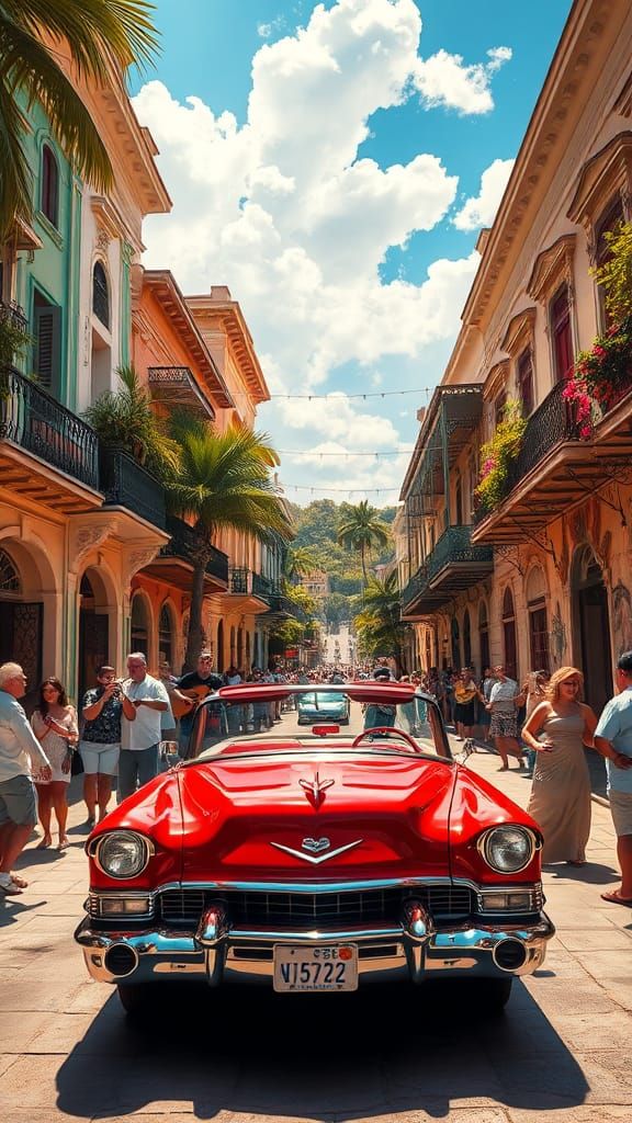 Red Cadillac Convertible in Lively Cuban Street Scene