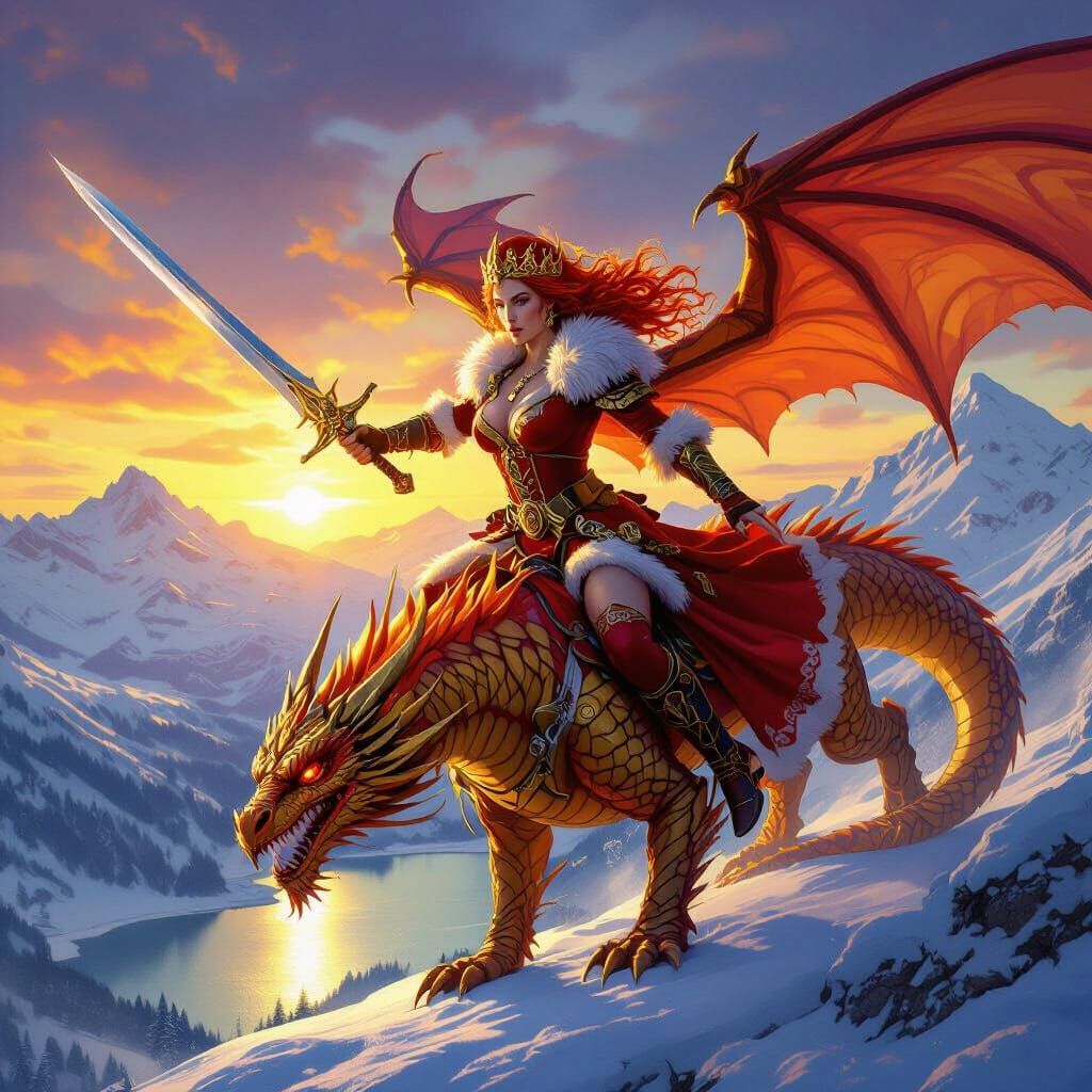 Celtic Warrior Woman Rides Dragon in Santa Suit