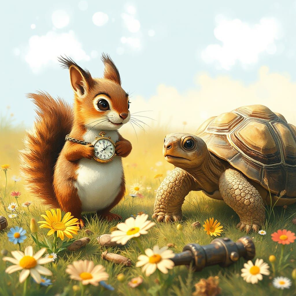 Squirrel with Pocket Watch Mimics Tortoise in Meadow