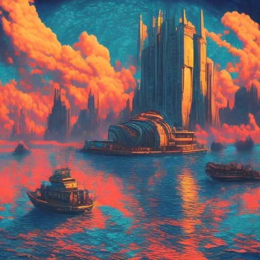 Retro-Futuristic Fisherman on Serene Lake as Vintage Sci-Fi ...