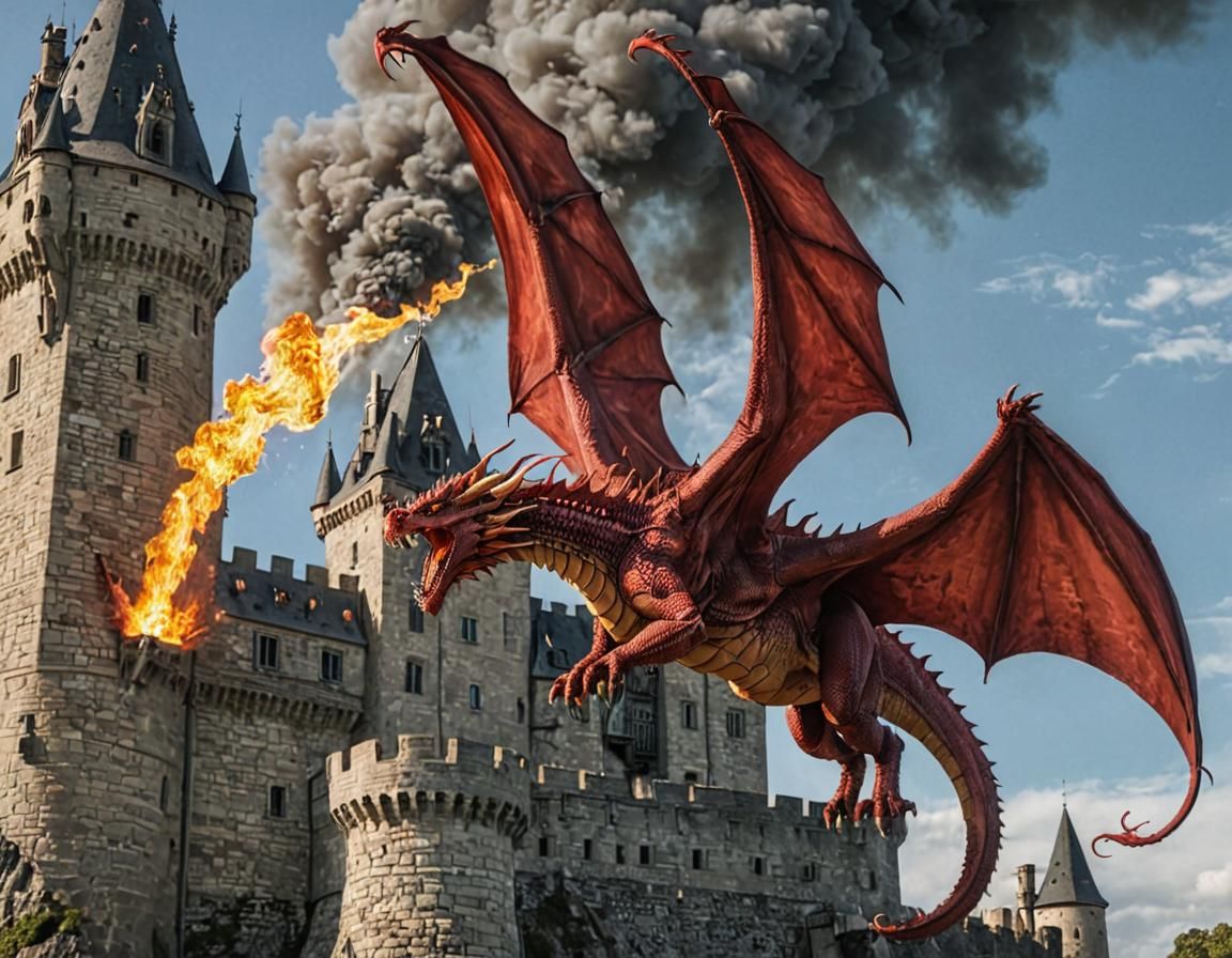 Enormous Red Dragon Breathing Fire on Castle