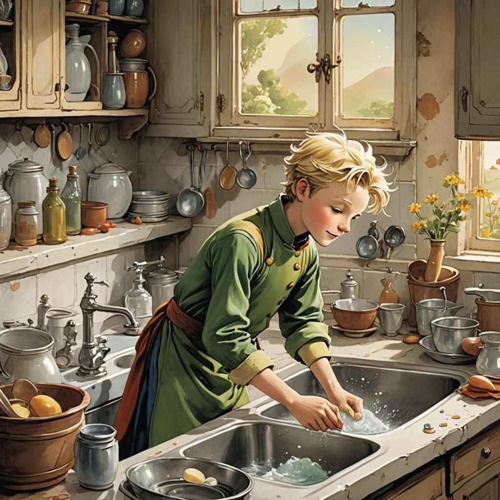 The Little Prince Washing Dishes: Storybook Illustration
