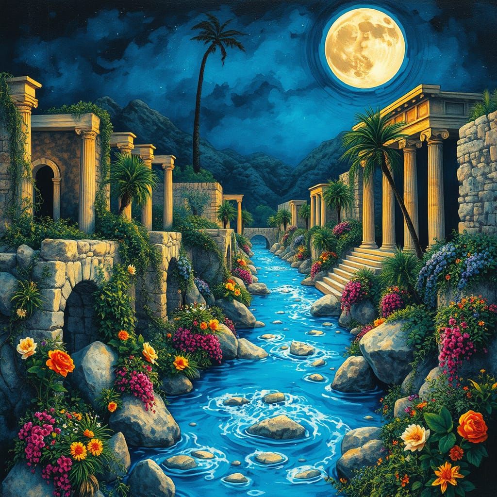 Chaotic Blue River Through Ancient Greek Ruins