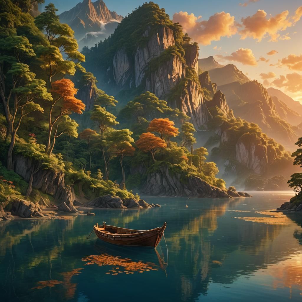 Fishing Boat at Sunset in Fantasy Cove