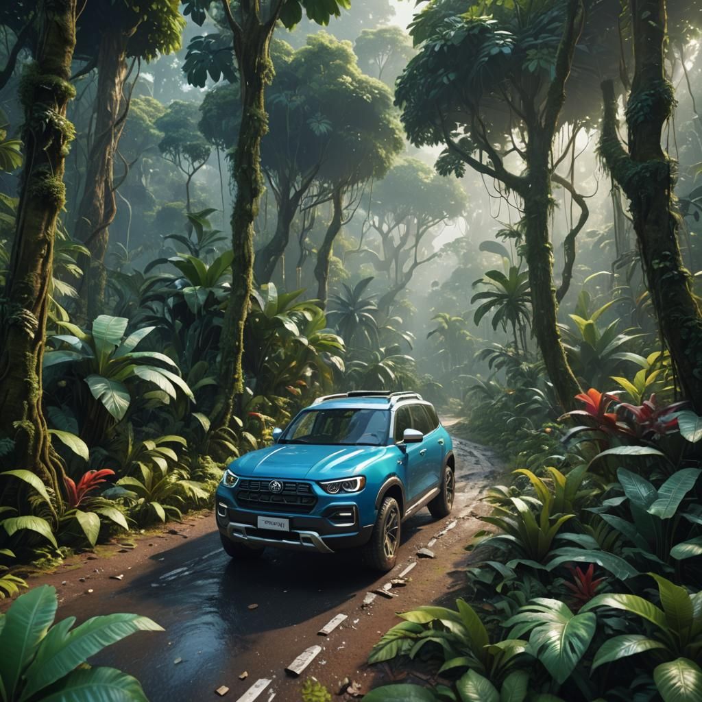 Blue SUV Journey Through Tropical Rainforest