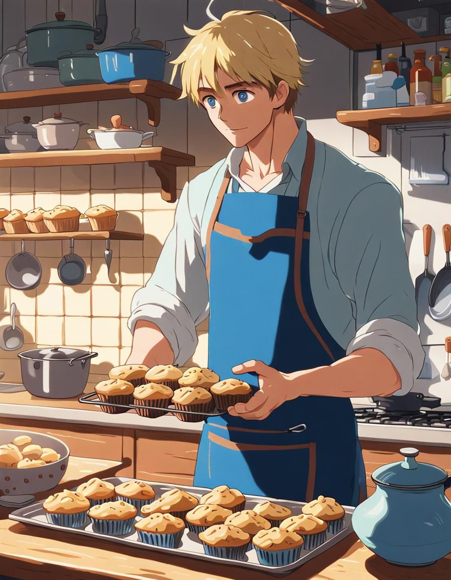Blonde Baker in Home Kitchen: Studio Ghibli Style