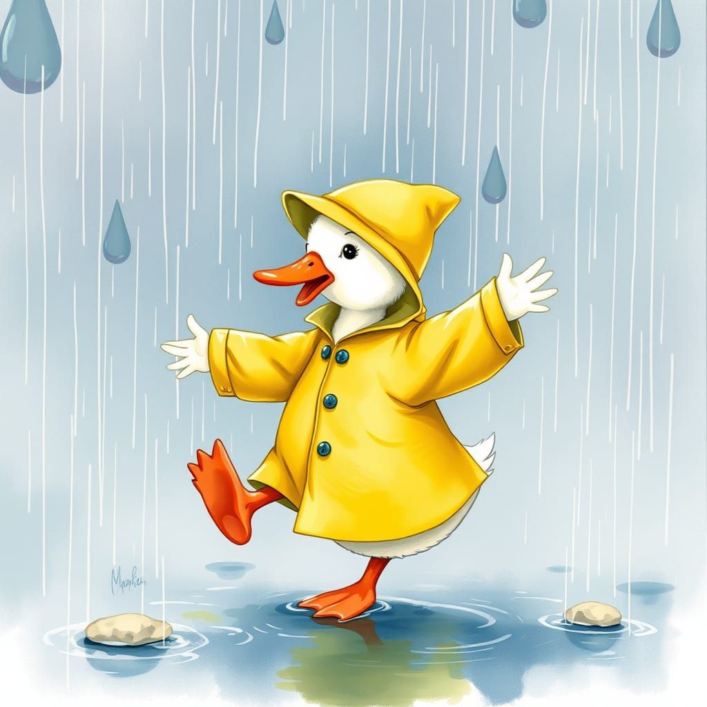 Dancing Duck in Rain, Watercolor Children's Illustration