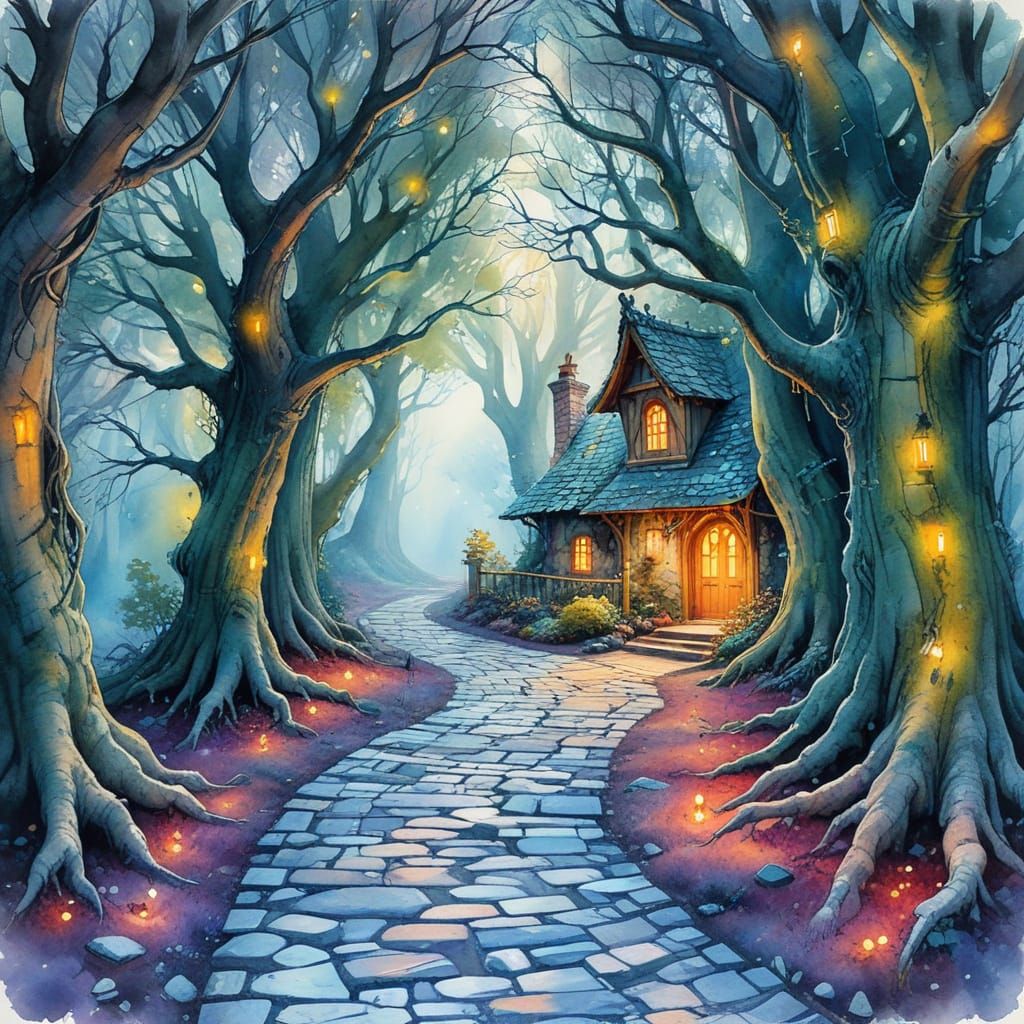 Bioluminescent Forest Path in Watercolor with Alcohol Inks