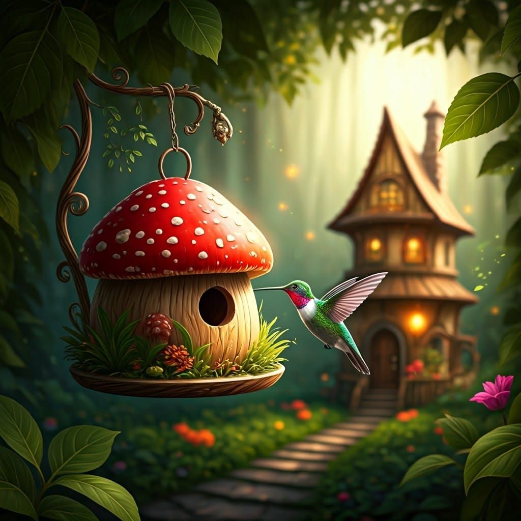 Hummingbird at Mushroom Birdhouse in Enchanted Forest