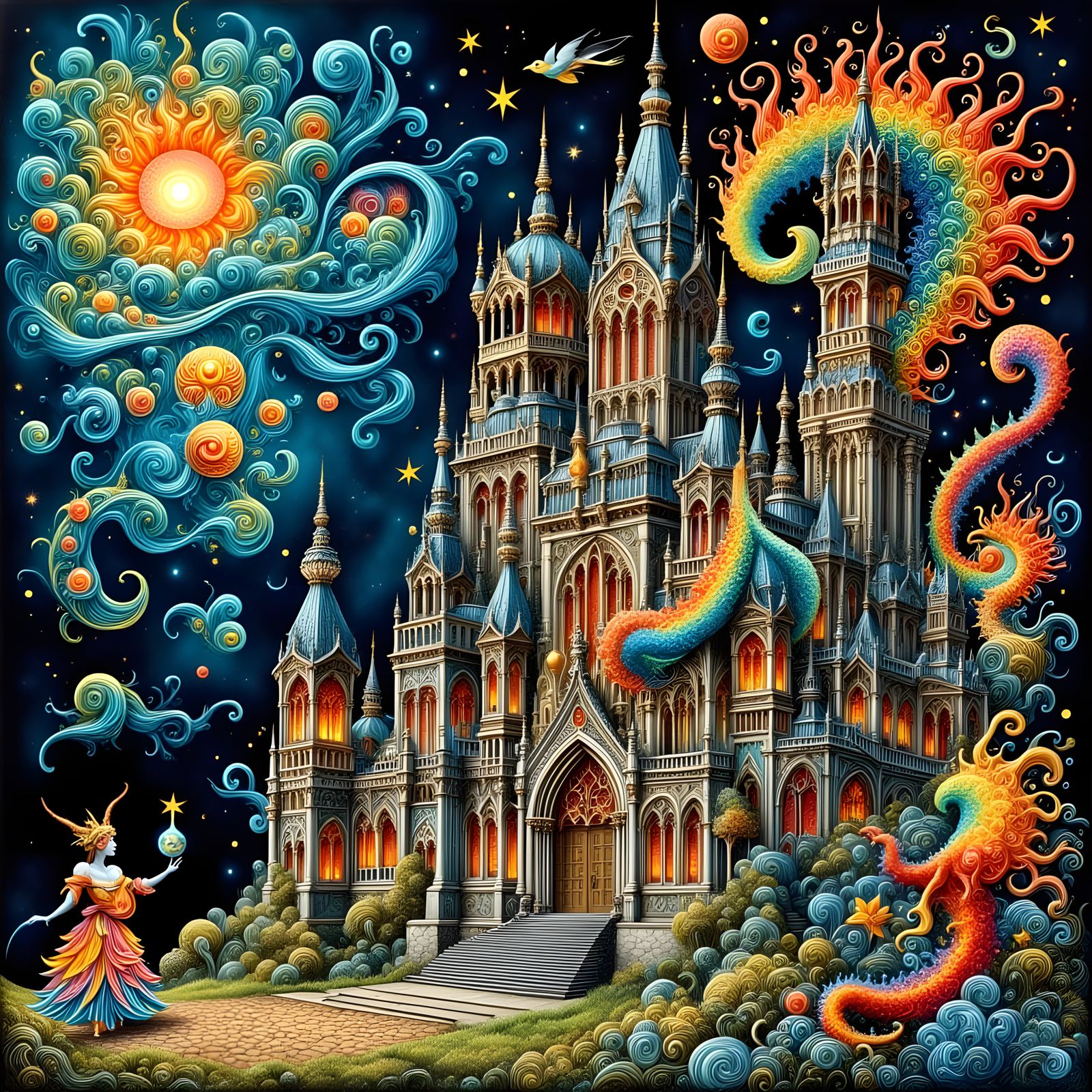 Magic Whimsical Gothic Cathedral with Dragon Cartoon