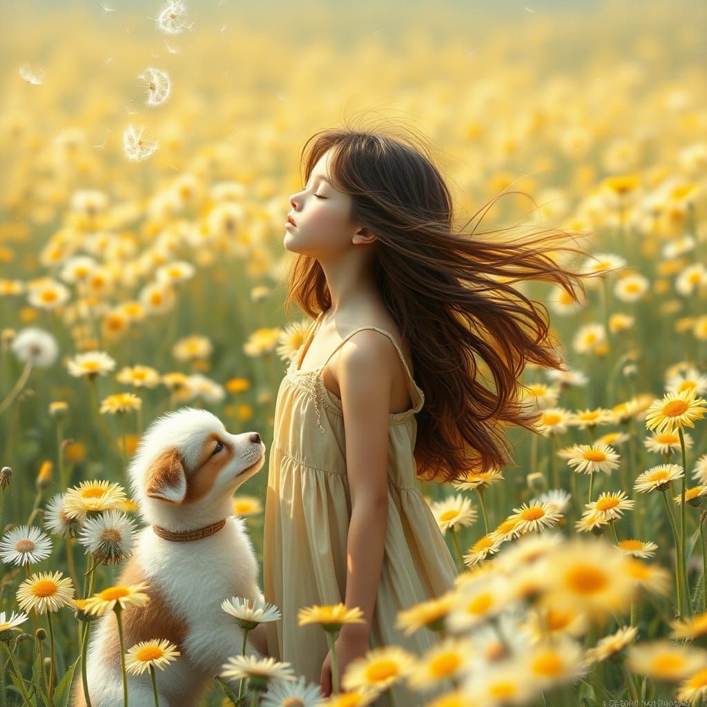 Girl with Puppy in Dandelion Field, Fantasy Art