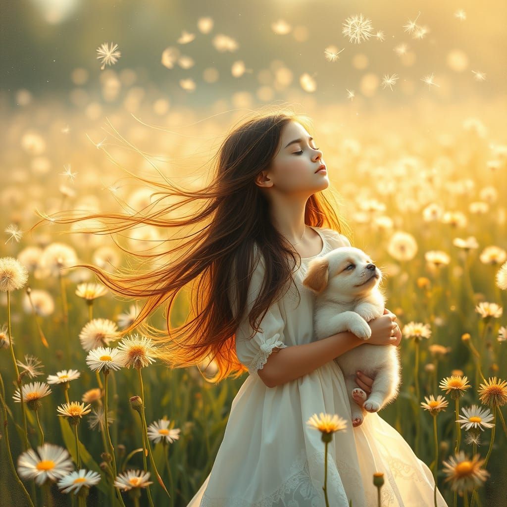 Girl with Puppy in Whimsical Dandelion Field