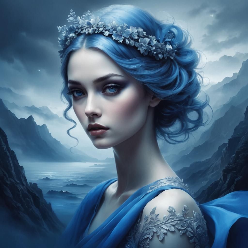 Monochrome Blue Portrait: Soft Digital Illustration