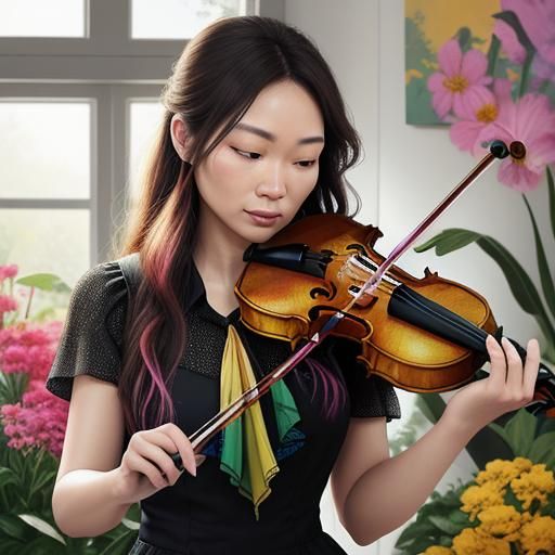 Giant Bee Plays Violin in Hyperrealistic Floral Scene