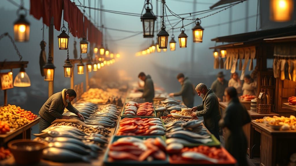 Venetian Fishmongers in Miniature Winter Scene