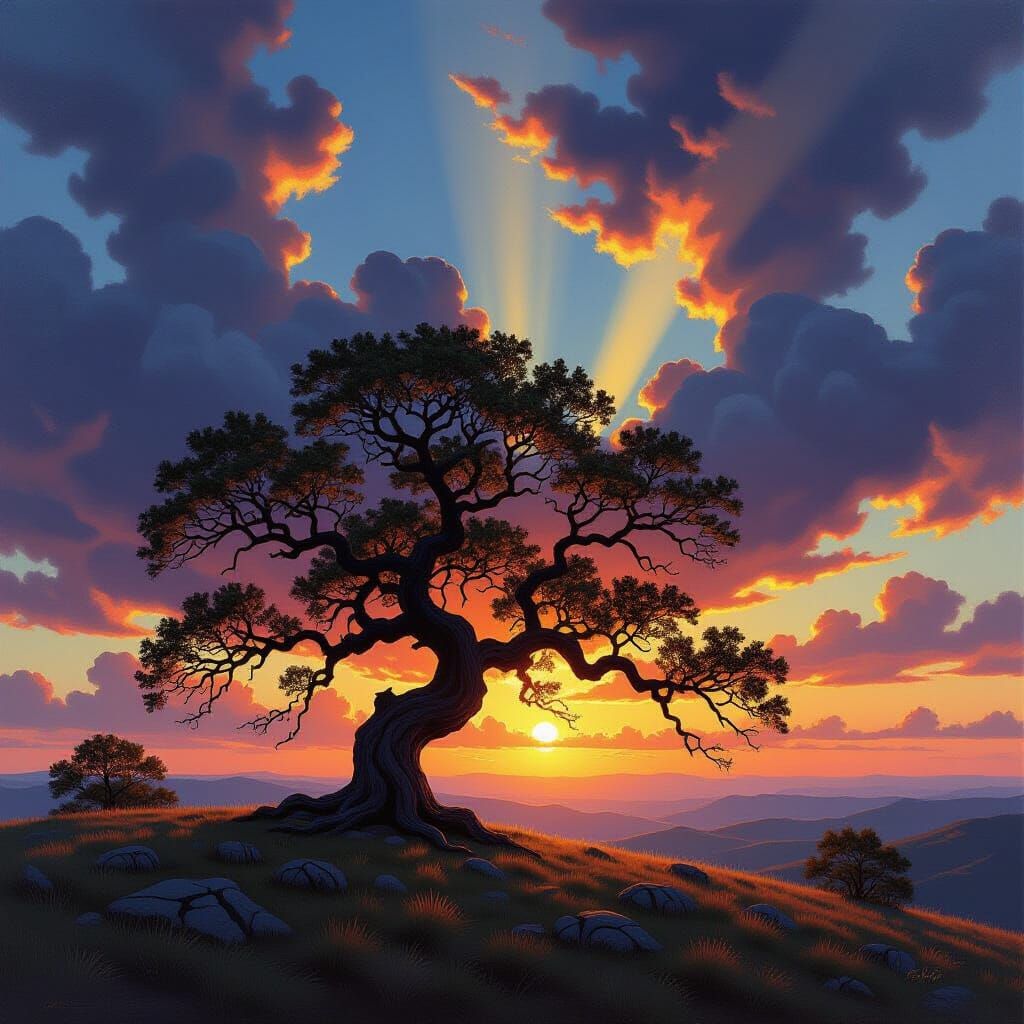 Ancient Oak Tree on Windswept Hill at Golden Hour