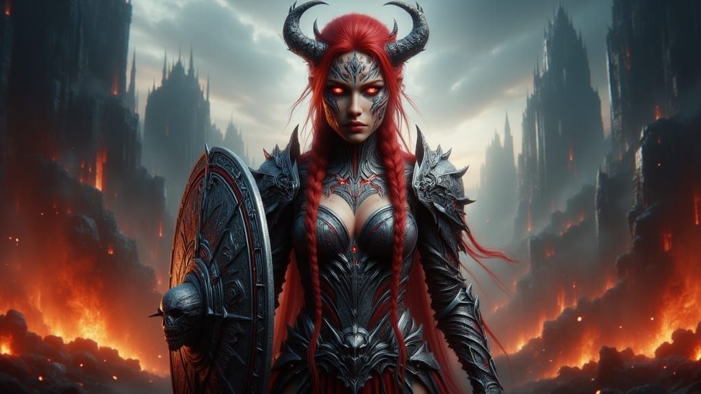 Warrior Goddess of Darkness: Red-Haired Shield Maiden with D...