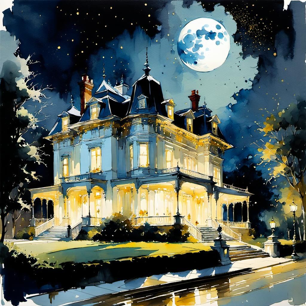 Golden Victorian Mansion Under Moonlight in Watercolor